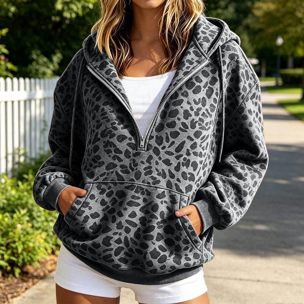 Damen Casual Pullover Top, Mit Kapuze, Halber Reißverschluss, Langarm, Lockere Passform