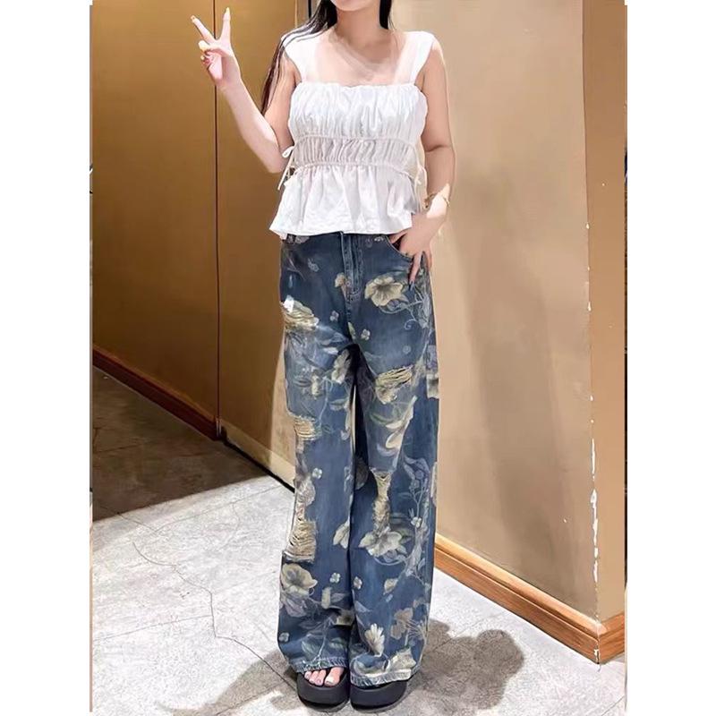 Women's High Waist Retro Print Wide Leg Jeans - Floor-Length, Trendy Loose Fit, Summer Design