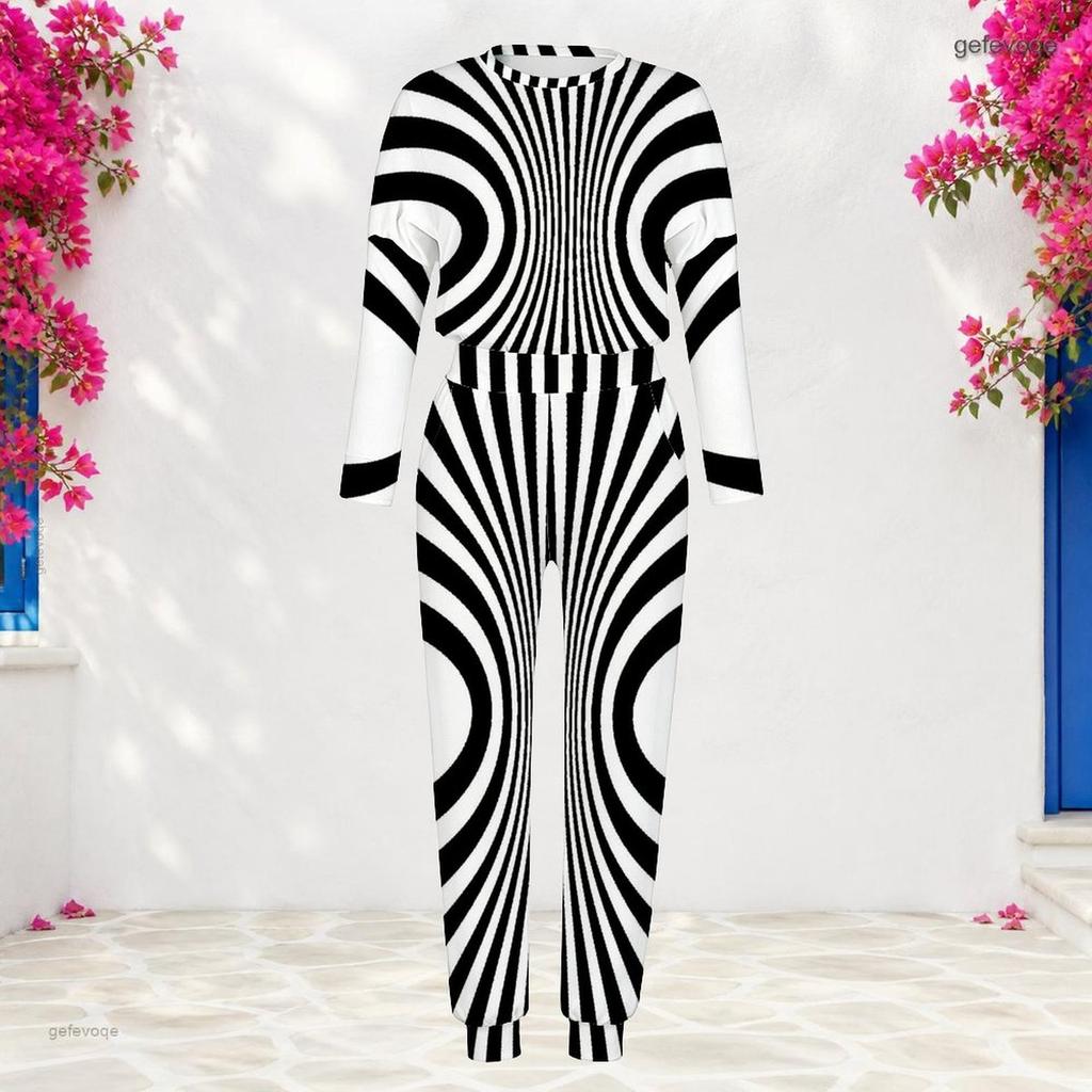 Women Plus Size Black White Printed Round Neck Long Sleeve Cuffed Top Cuffed Pants Two Piece Set