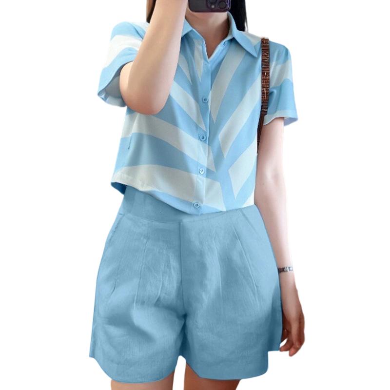 

ZANZEA Женские рубашки с коротким рукавом с принтом и шорты Летние костюмы-двойки M синий