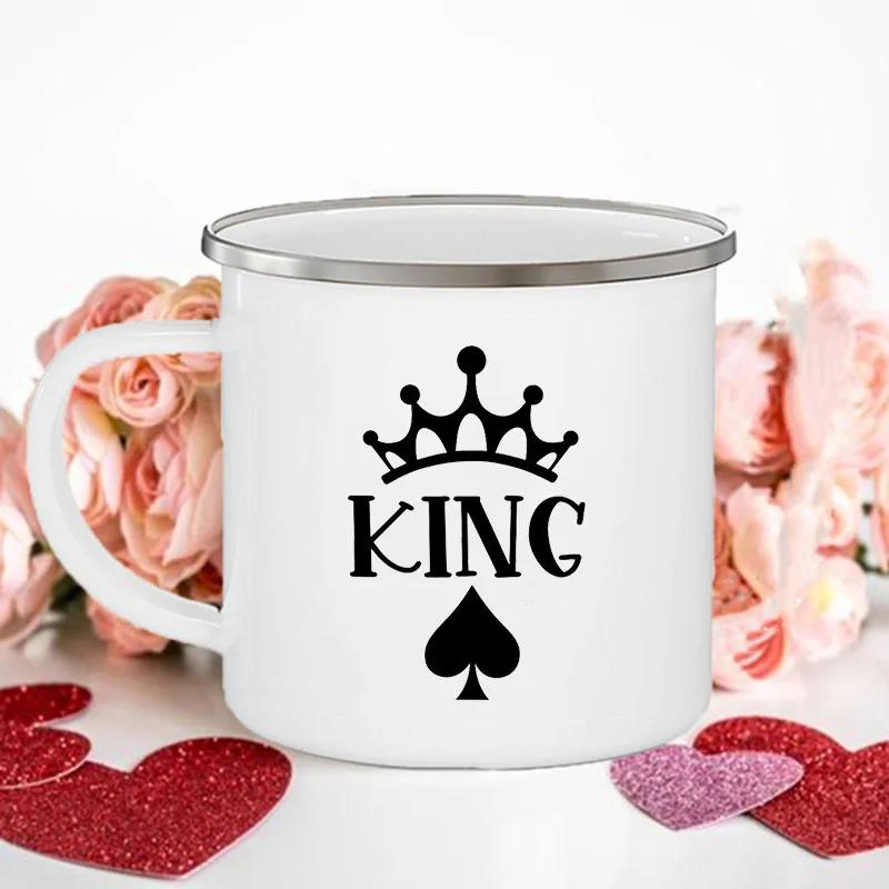 King Queen Print Couples Cups Creative Enamel Mug Outdoor Travel Camping Bonfire Coffee Water Cup Lover Mug Valentine's Day Gift