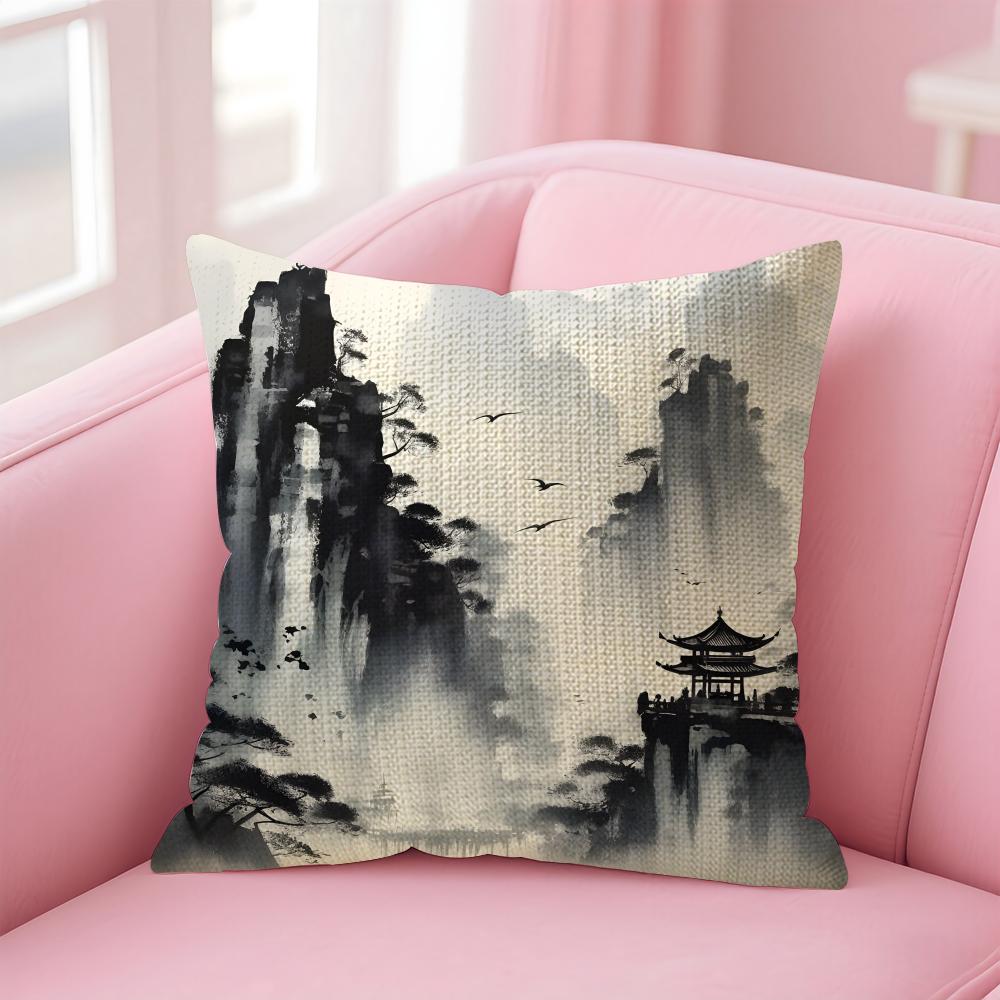 Ink Painting Chinese Style Cushion Cover Natural Linen Pillow Case DoubleSided Print Decorative Sofa Pillowcase Home Decor Gift