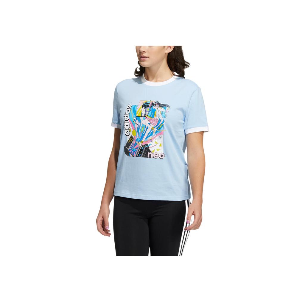 Adidas Neo Cartoon Character Print Letter Pattern Spliced Round Neck Short Sleeve T-Shirt Women T-Shirt Blue HF7264