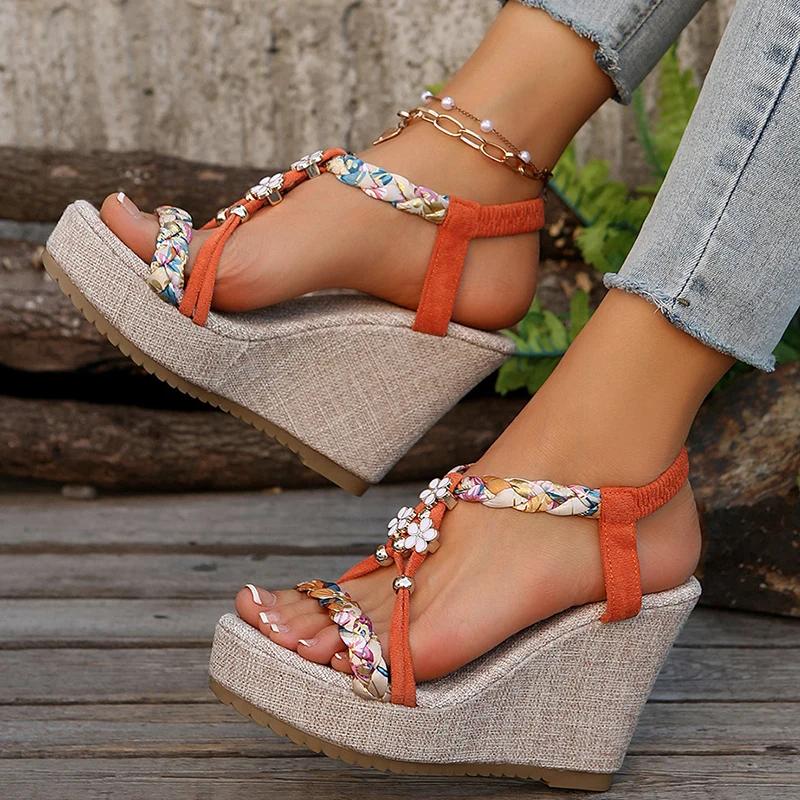 Fashion Printed Weaving Wedge Sandals for Women 2025 Summer Thick Bottom Beach Shoes Woman Flower Decor Chunky Platform Sandalias Mujer
