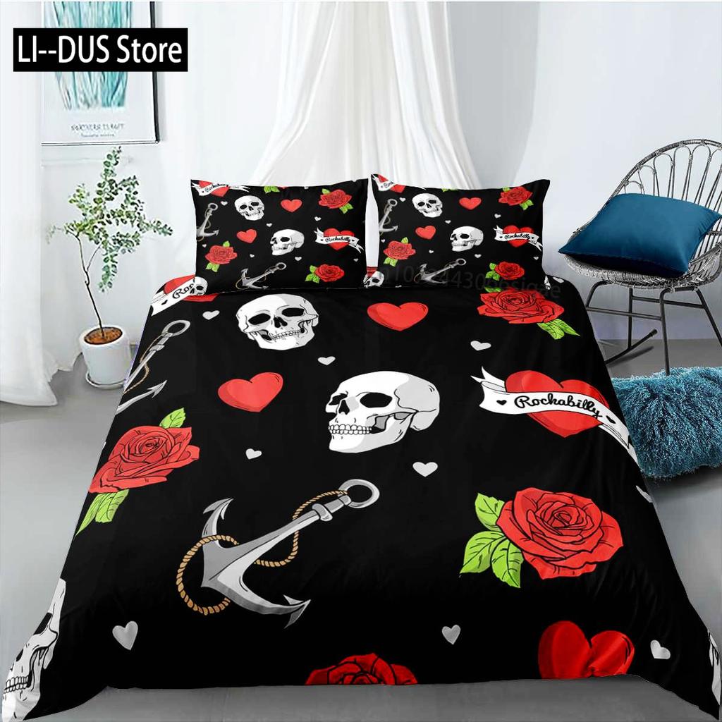 Skull Duvet Cover Set Gothic Death Moth Skull Love Heart Bedding Set For Boy Teen Microfiber Moth Skeleton King Size Quilt Cover
