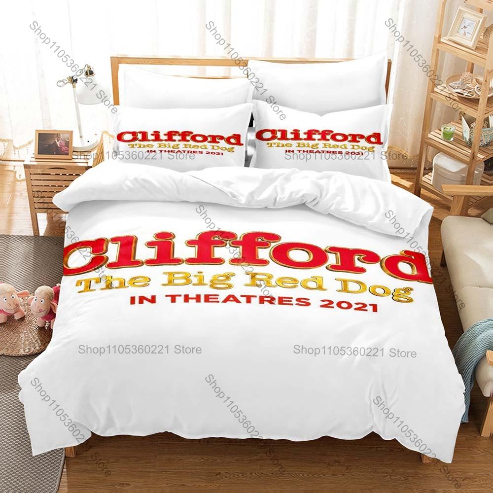 Joli Ensemble de Linge de Lit Dessin Animé Clifford le Grand Chien Rouge Housse de Couette + 2 Taies d'Oreiller Kawaii Anime Décoration de Chambre 100x130CM
