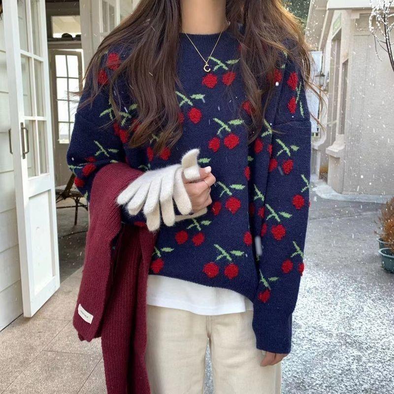 Outono Inverno Novo Suéter de Tricô Oversized Estampado Cereja Feminino Preguiçoso - Chic Gola Redonda Doce Suéteres Pulôver