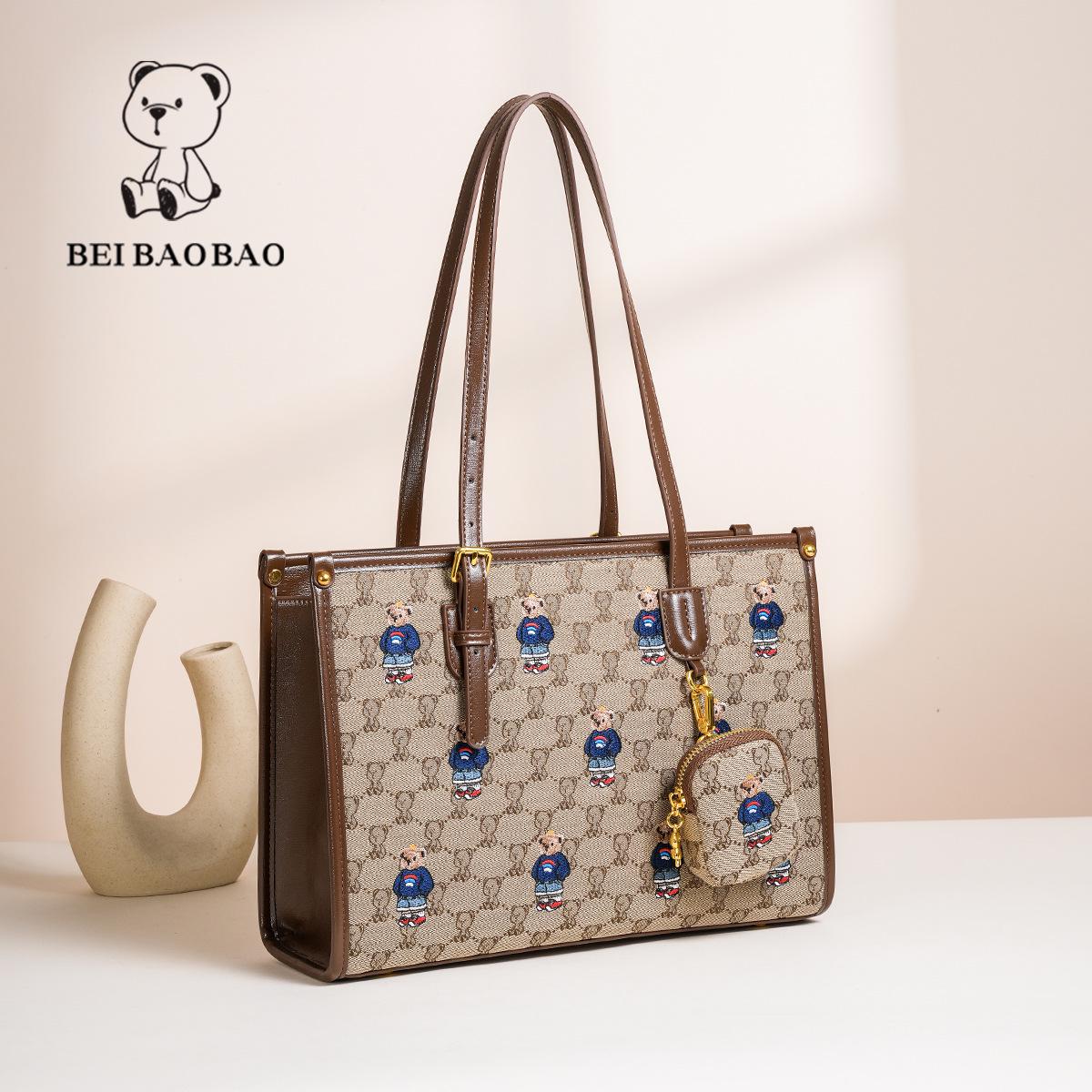 

Женская сумка-тоут большой вместимости с вышивкой в виде медведя для повседневных поездок на работу хаки