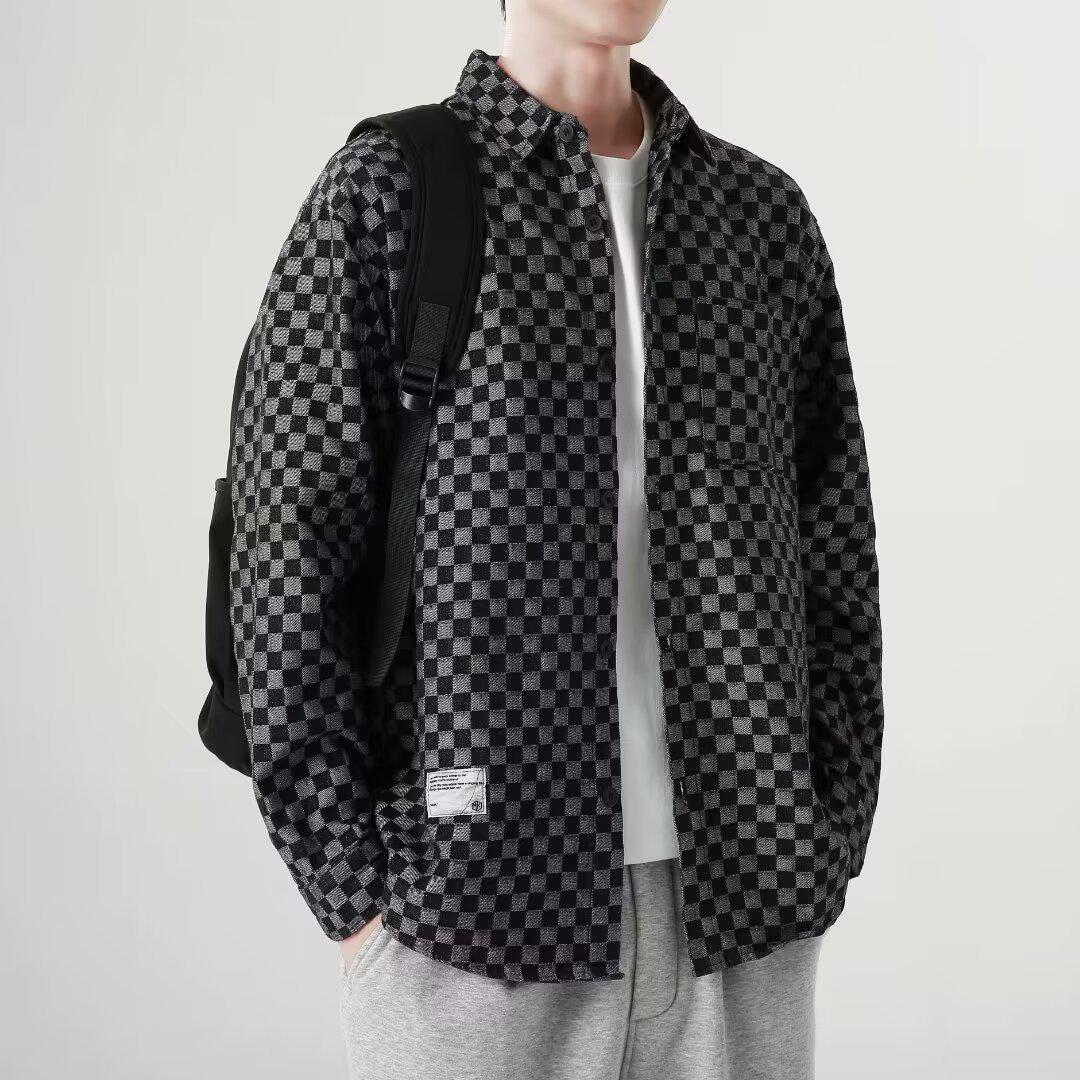 Men s Plaid Denim Jacket - Casual Loose Fit, Long Sleeve, Plus Size, Trendy Fall/Spring Style. M чёрный