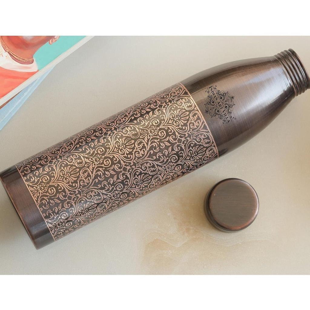 100% Pure Copper Water Bottle, Antique Dark Embossed Design, Ayurvedic Vessel for Yoga & Health, 900ml