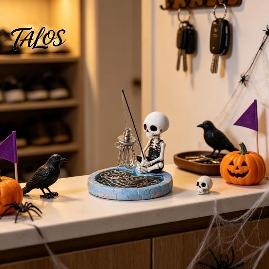Funny Office Desk Decor Fishing Skeleton Magnetic Paperclip Holder, Skull Supplies Organizer Small Stationeries with Storage Tray, Resin Desktop