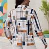 Women Plus Size Abstract Geometric Printed Collared Neck Long Sleeve Button Front Curved Hem Shirt
