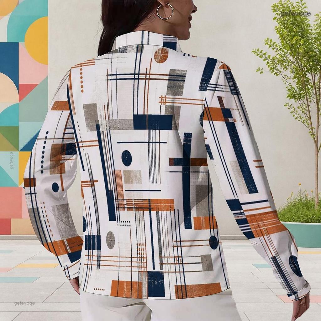 Women Plus Size Abstract Geometric Printed Collared Neck Long Sleeve Button Front Curved Hem Shirt