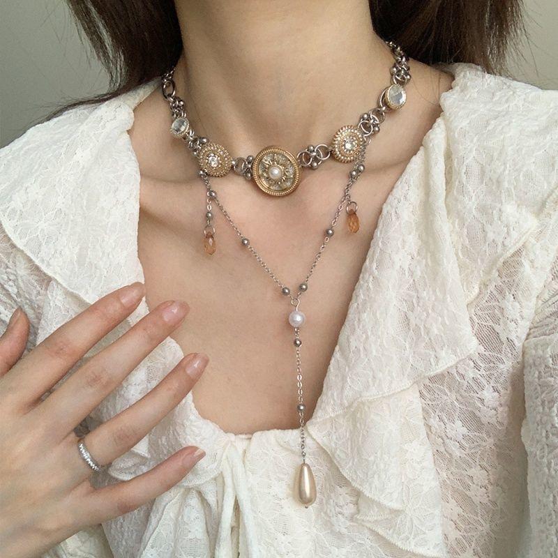 Court Style Light Luxury High-end Necklace Female Athena Sweet Cool Pearl Tassel Double-layer Spice Girl Style Neck Chain Accessories Tide