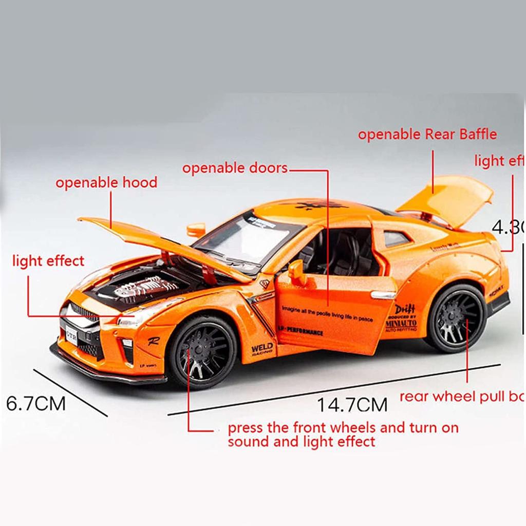 1/32 skala Nissan GTR Diecast bilmodell leketøy, tilbaketrekkende leketøy med lyd og lys for barn Småbarn Gutter Jenter Gavesamling