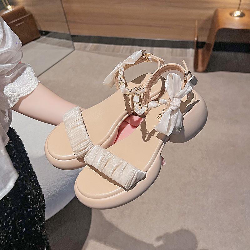 

Women s shoes summer muffin thick-soled thick-heeled sandals, French fairy style one-word buckle temperament women s shoes 43 телесный
