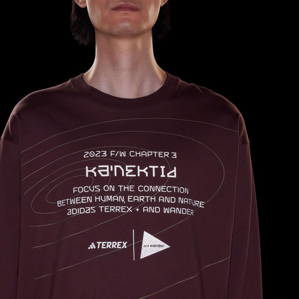 Adidas Terrex X And Wander Collaboration FW23 Pattern Printed Outdoor Sports Crew Neck Long Sleeve T-Shirt Unisex Tops Dark-Gray Brown HZ0672