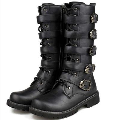 Havanaa007  Mens Fashion Military PU Leather Metal Buckle Boots Midcalf Motorcycle Retro Boots