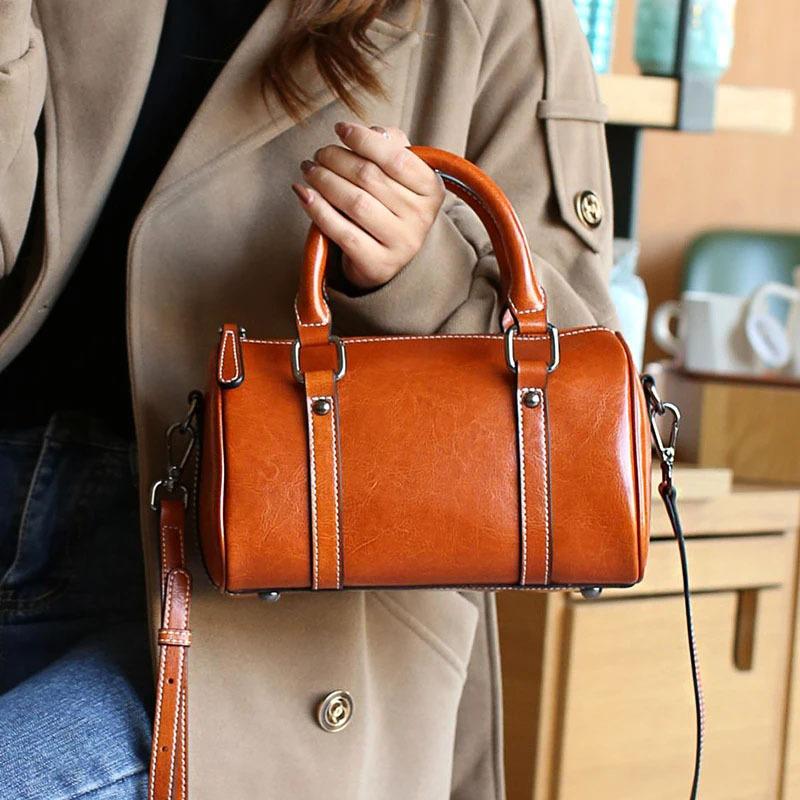 Genuine Leather Handbag, Women's Oil-wax Cowhide Crossbody Bag, Trendy Bag, High-end Boston Pillow Bag