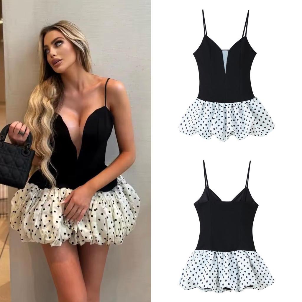 European-Style Trendy Polka Dot Deep V Spaghetti Strap Dress