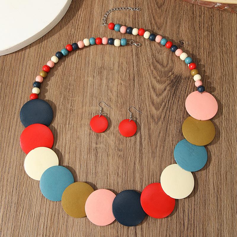 Nuovo Set di Gioielli Collana e Orecchini in Perline di Legno Rotonde Geometriche Colorate Bohemien per Accessori Festa Vacanza Donna