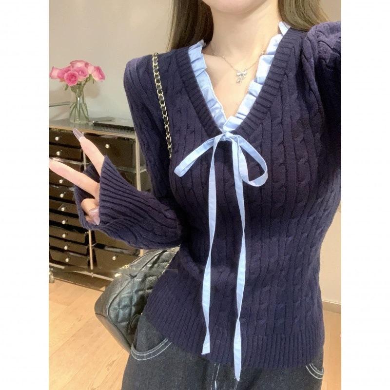 

Новый вязаный свитер с завязкой на шее, женский, весенний, облегающий, базовая рубашка, топ с длинным рукавом average size