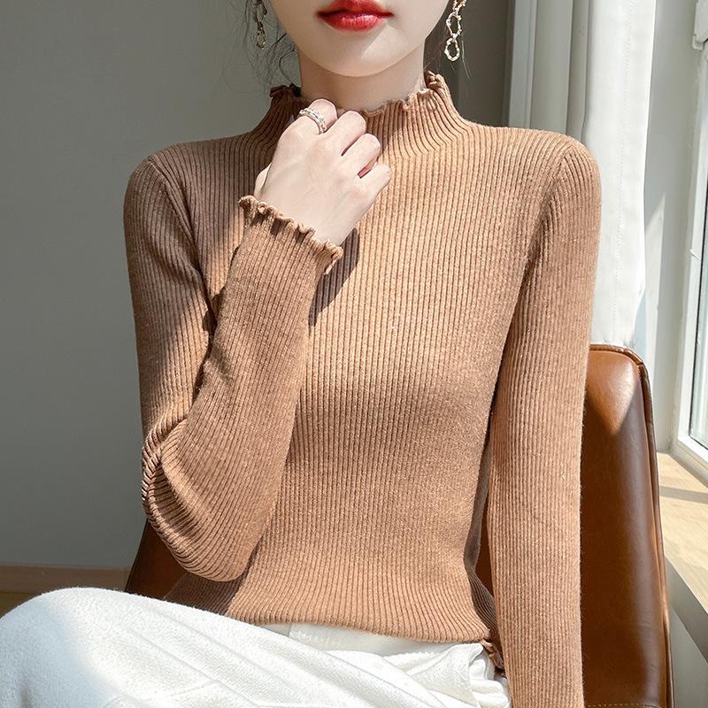 Women's Slim Sequin Knit Sweater with Lace Half-High Collar - Autumn/Winter Korean Style Pullover
