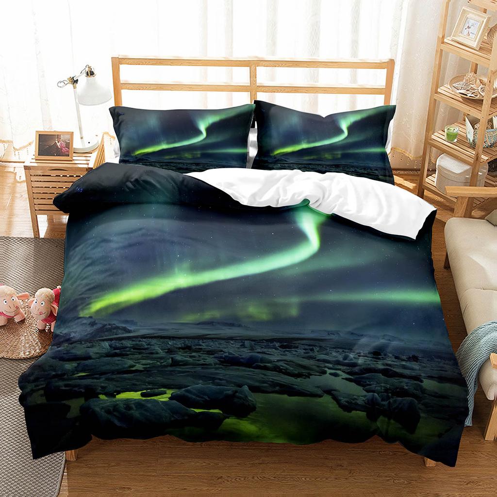Northern Lights King Queen Duvet Cover Natural Landscape Bedding Set Colorful Sky Scenery Quilt Cover Polyester Comforter Cover