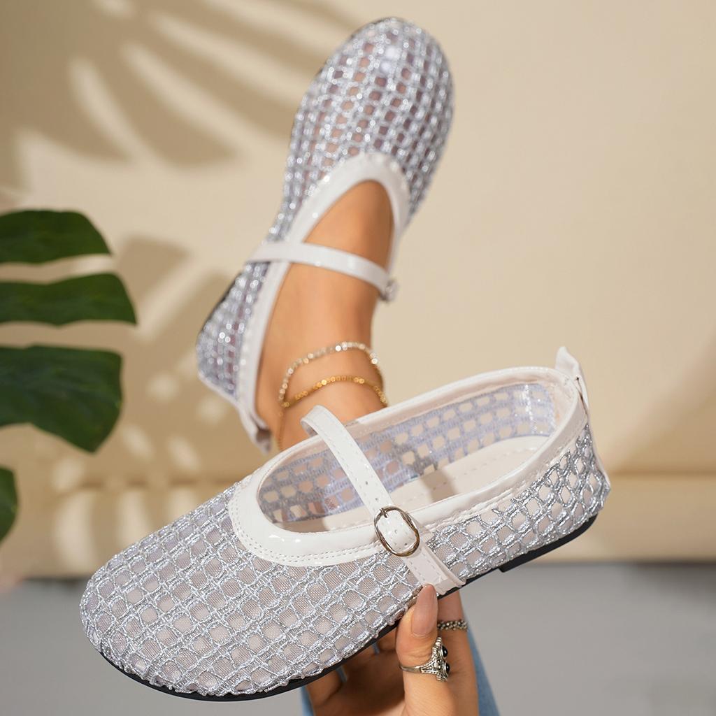 Fashion Rhinestone Mesh Breathable Sandals Women's 2025 Spring and Summer New Flat Bottom One-word Buckle with Shallow Mouth Mary Jane Single Shoes