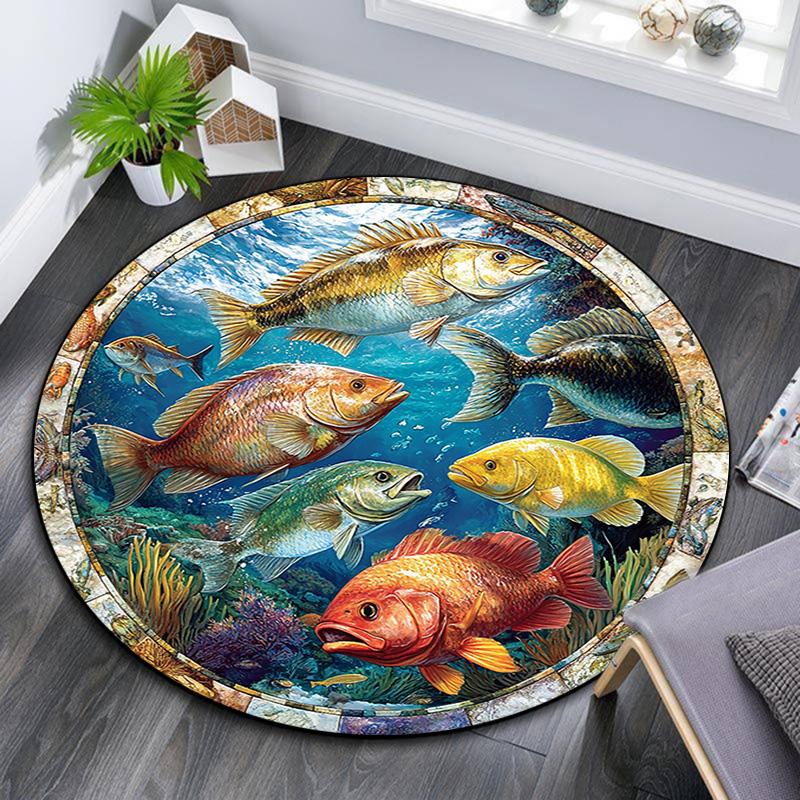 Ocean Fishes Round Area Rug,Carpet Rug for Living Room Bedroom Sofa Playroom Decor,Non-slip Floor Mat