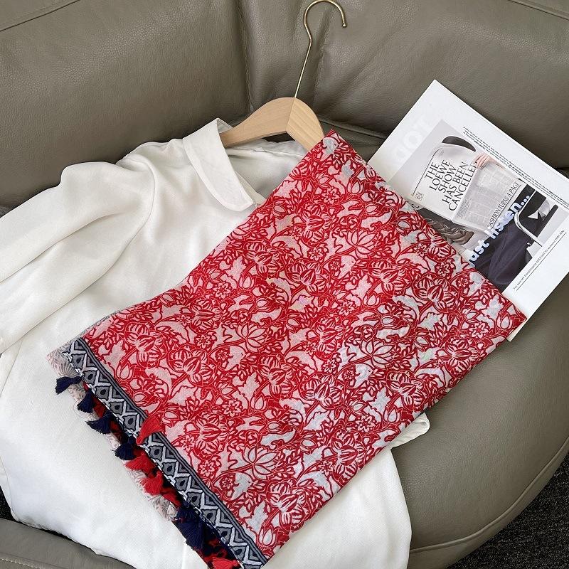 New Luxury Brand Lovely Floral Tassel Cotton Viscose Shawl Scarf Lady High Quality Soft Wrap Pashmina Stole Bufanda Muslim Hijab