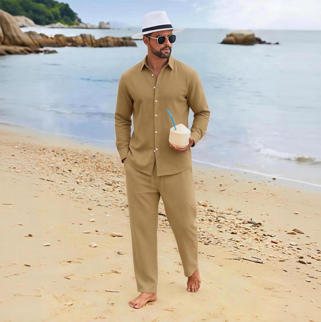 Men's Linen Relaxed Fit Long Sleeve Shirt and Pants Beach Set for Summer