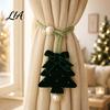 Reusable Christmas Decorations Tree Curtain Tieback, Green Velvet Holder with Bow And Festive Door Handle Pendants Faux Pearl, Decorative Drape