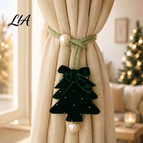 Reusable Christmas Decorations Tree Curtain Tieback, Green Velvet Holder with Bow And Festive Door Handle Pendants Faux Pearl, Decorative Drape