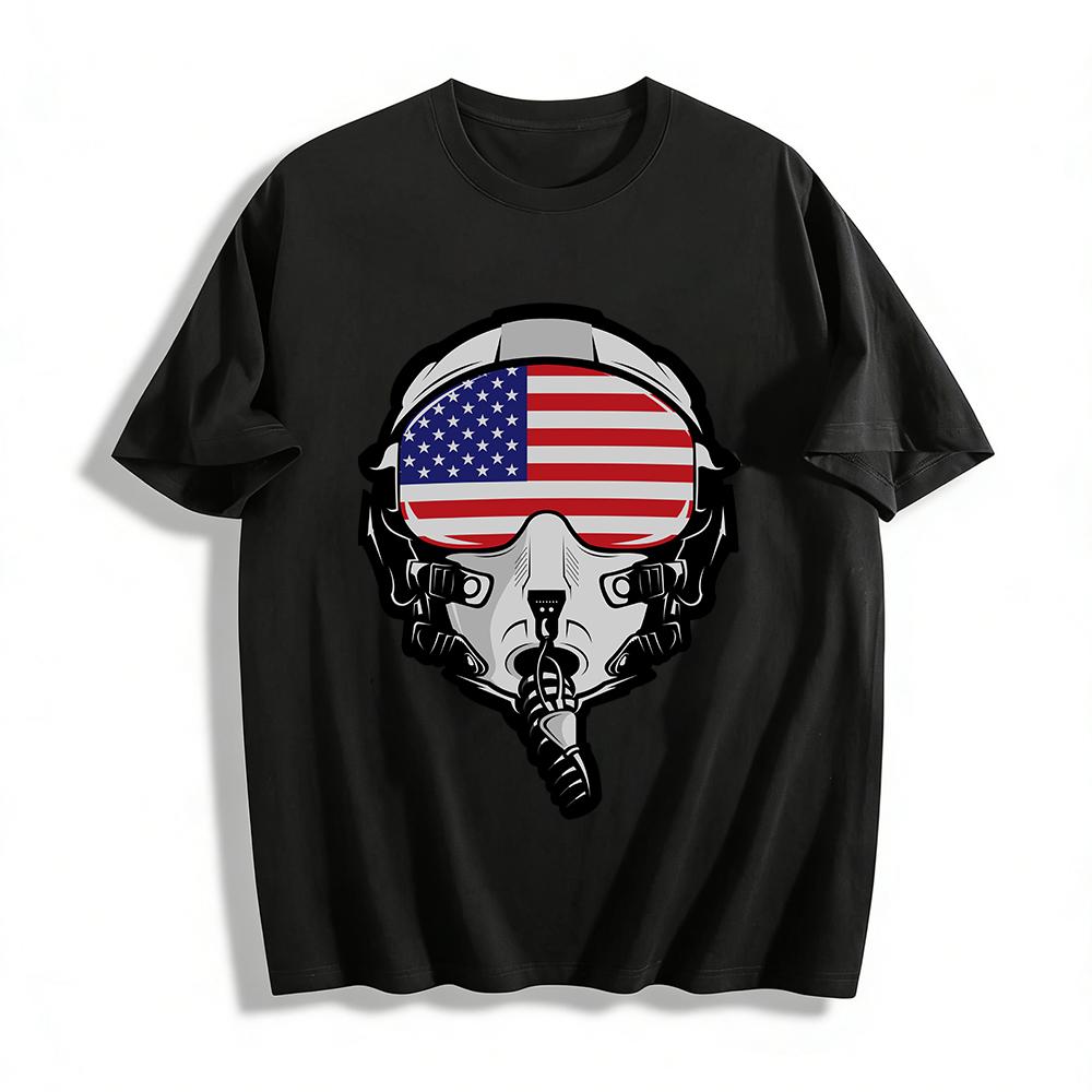 US Flag Pilot Mask Print Casual Crew Neck T-Shirt Pure cotton T-shirt XXS
