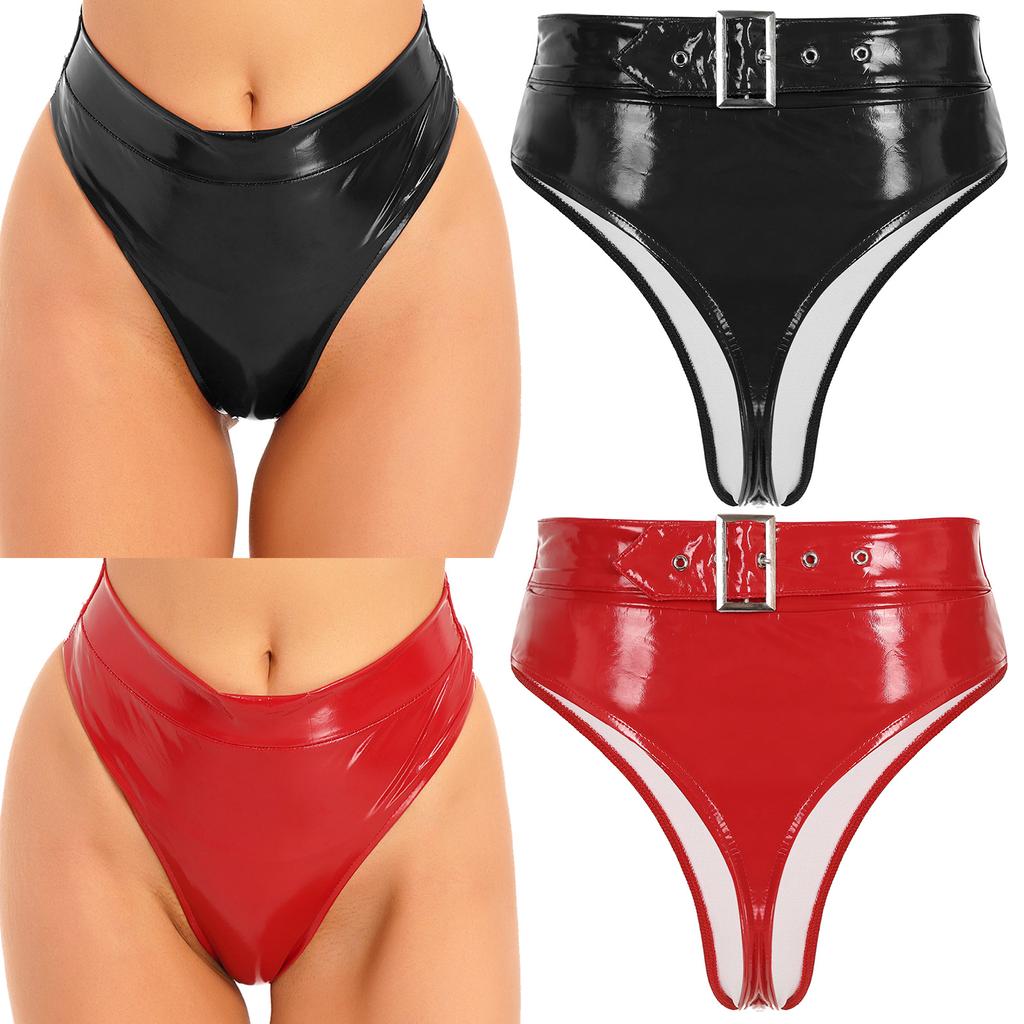 Women Sexy Panties High Waist Wet Look Patent Leather Briefs Thong for Clubwear Pole Dance