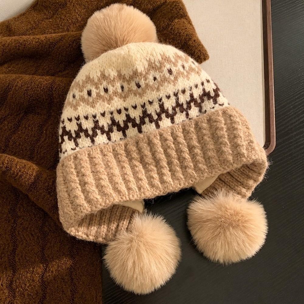 Cute Style Knit Beanie Hat Fleece Lined Winter Earflap Cap Jacquard Pullover Bonnet Students