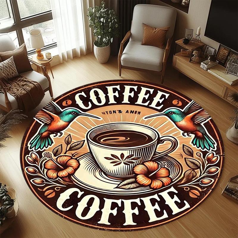 Vintage Coffee Theme Round Carpet Mat Rug Home Decoration Coffee Cup Pattern Gold Text Design Floor Decor Living Room