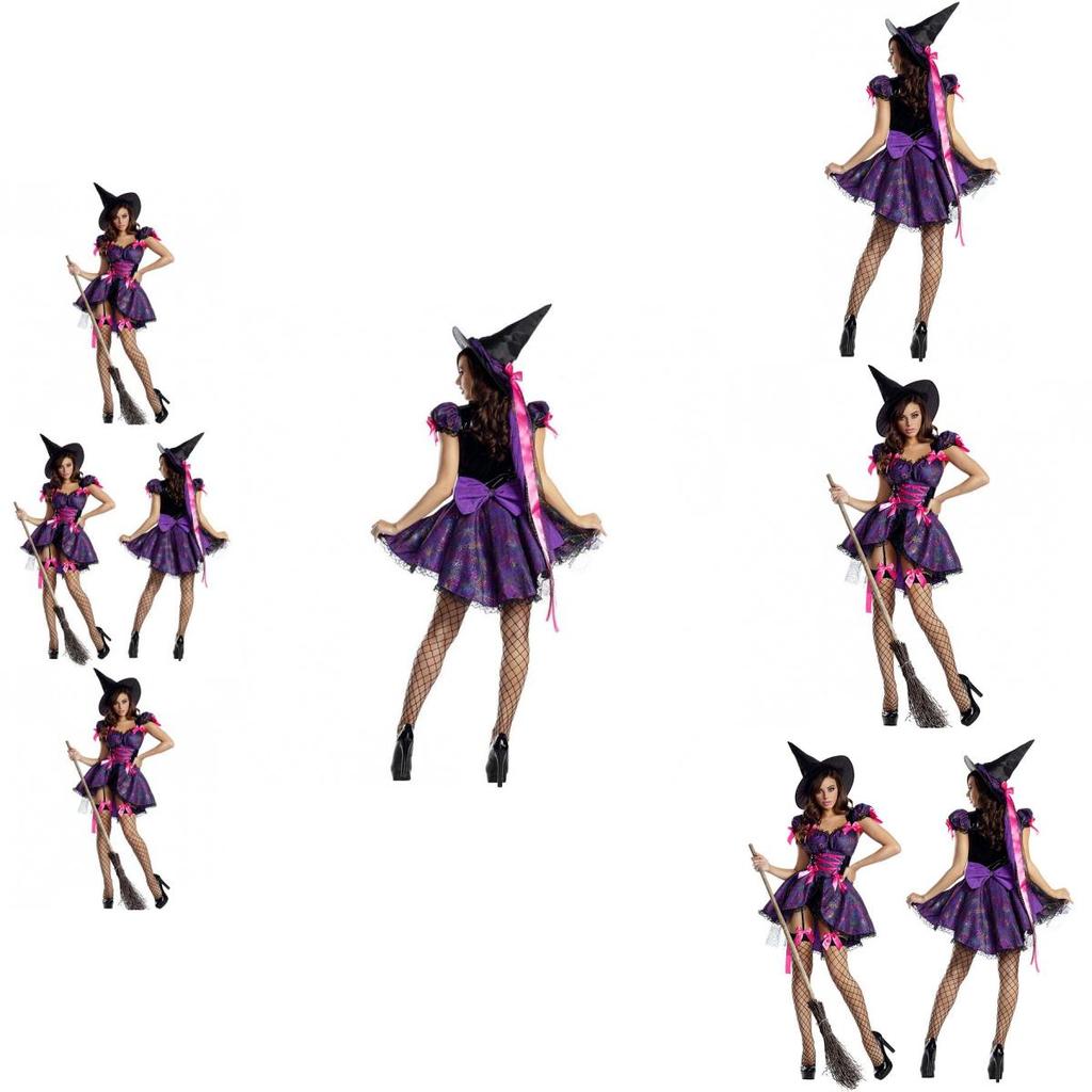 Bezauberndes Lila Halloween-Hexenkostüm für Damen mit magischem Zauberer-Design