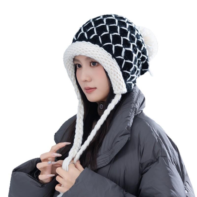 Korean Version of Versatile Thick Woven Plaid Warm Hat Autumn and Winter Fashion Plush Thick Wool Hat Outdoor Cold Hat