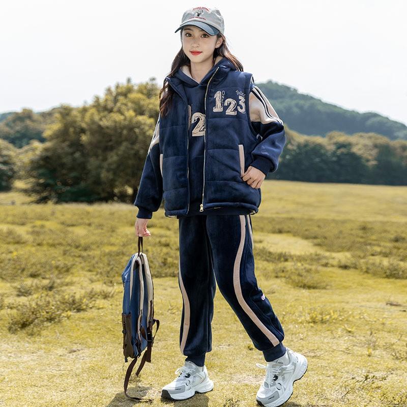 Girls Velvet Tracksuit Set Winter Thick Fleece Hooded Sweatshirt Pants 3pcs