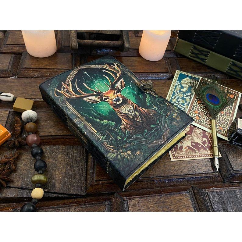 Vintage Leather Journal Deer Printed Journal Blank Spell Book of Shadows Handmade Leather Journal Grimoire Journal with Deckle Edge Paper