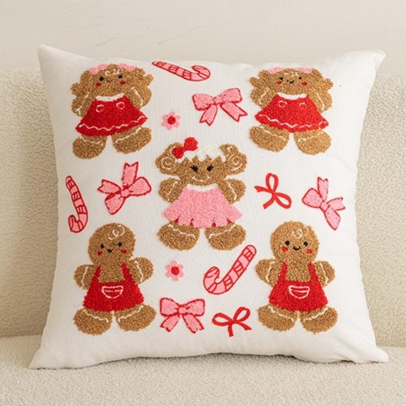 New Christmas Gingerbread Embroidered Cushion Cover 45X45Cm Christmas Festive Pillow Cover New Year'S Home Gift Cotton Canvas