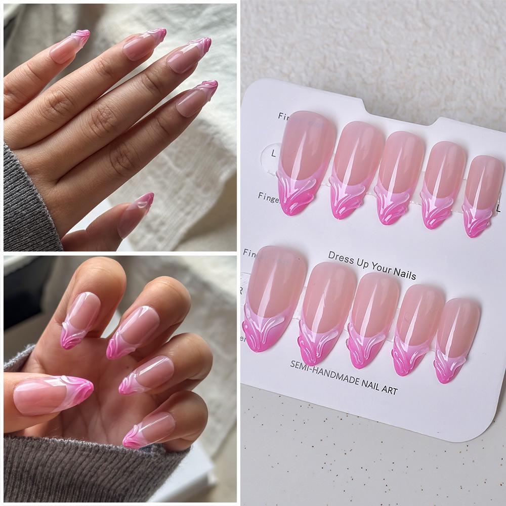 

3D Translucent Pink Almond Wave Nails - Sweet New Year Nail Art