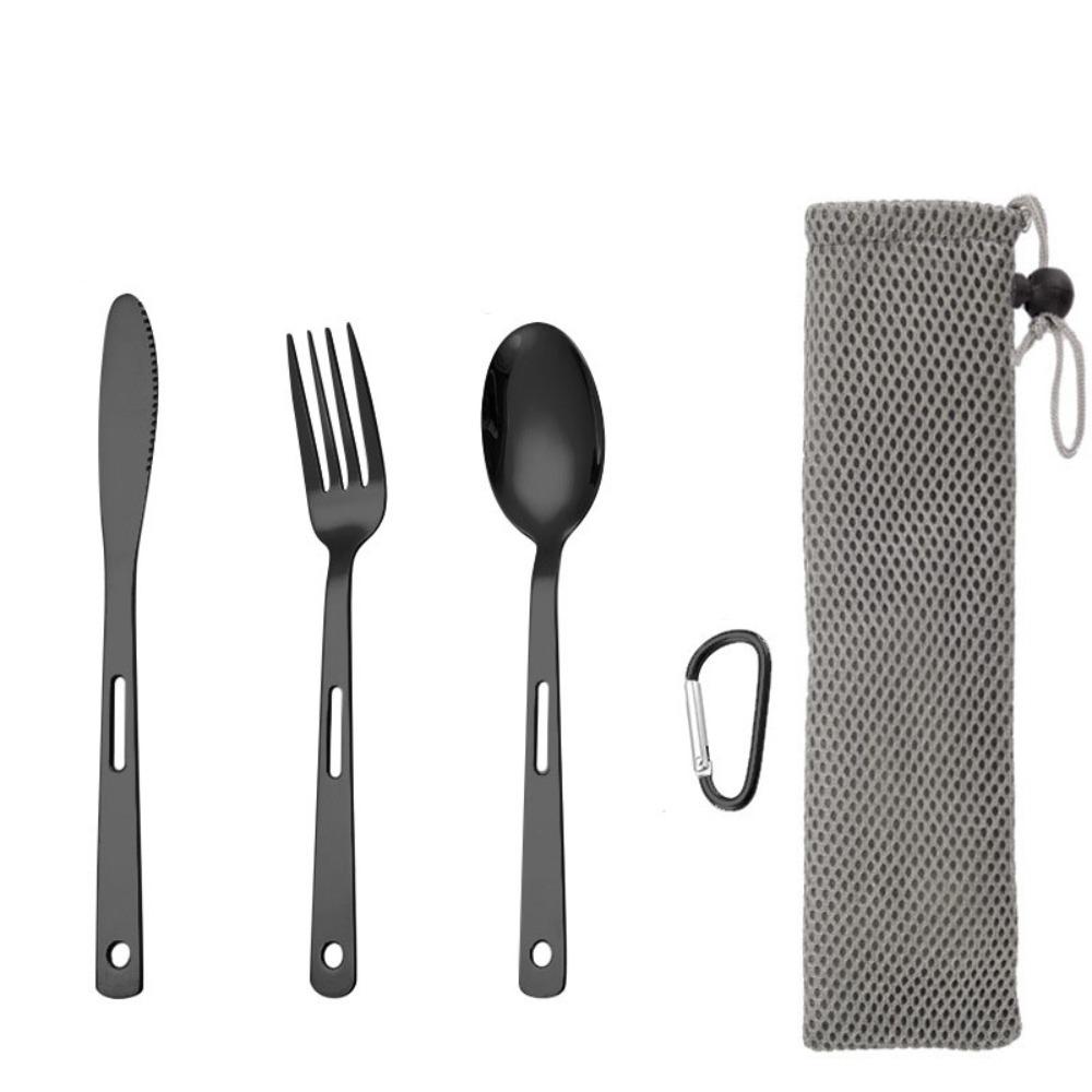 Black/Silver Camping Cutlery Set Stainless Steel Spoon Fork Set Flatware Set  Outdoor