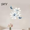 Large Floral Murals for Cream Toned Walls Ink-Washed Blue Wall Stickers with Butterflies, Delicate Lily Peel And Stick Decals Living Room Bedroom