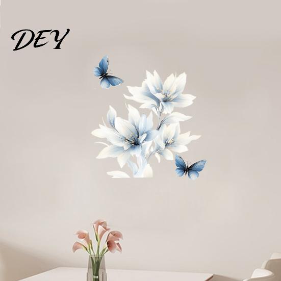 Large Floral Murals for Cream Toned Walls Ink-Washed Blue Wall Stickers with Butterflies, Delicate Lily Peel And Stick Decals Living Room Bedroom
