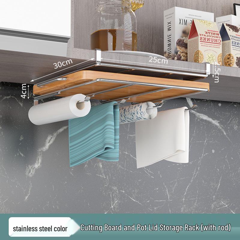 Multifunctional Under-Cabinet Storage Rack with Hooks for Pot Lids and Cutting Boards