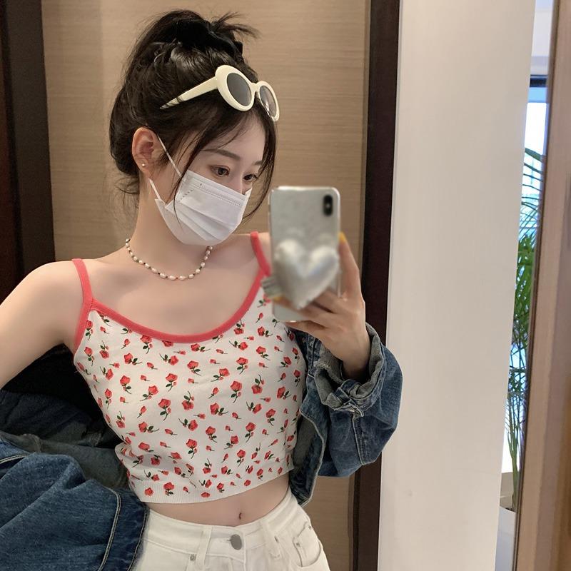 Francuski dekolt w serek Wąski Krótki Top Kobieta Słodki Kwiat Dzianinowy Podkoszulek Kobieta