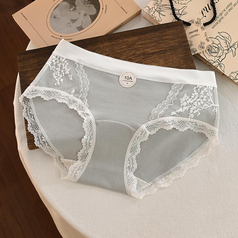 Women's Spring and Summer Mesh Lace Splicing Cotton 10A Antibacterial Inner File Middle Waist Briefs